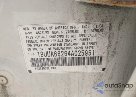 2004 Acura Tl из США, поврежденный, VIN 19UUA66264A025951